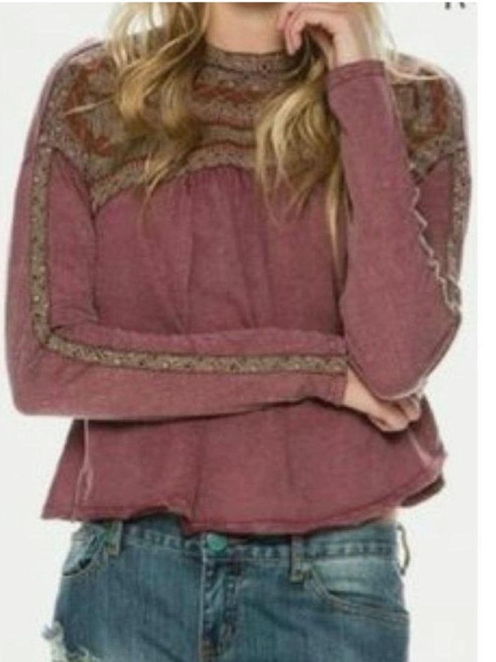 Free People Embroidered Long Sleeve Knit Top Washed Purple